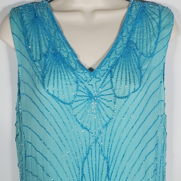 Star Group Turquoise Vintage Beaded Pure Silk Dress Size Medium - Picture 2 of 11
